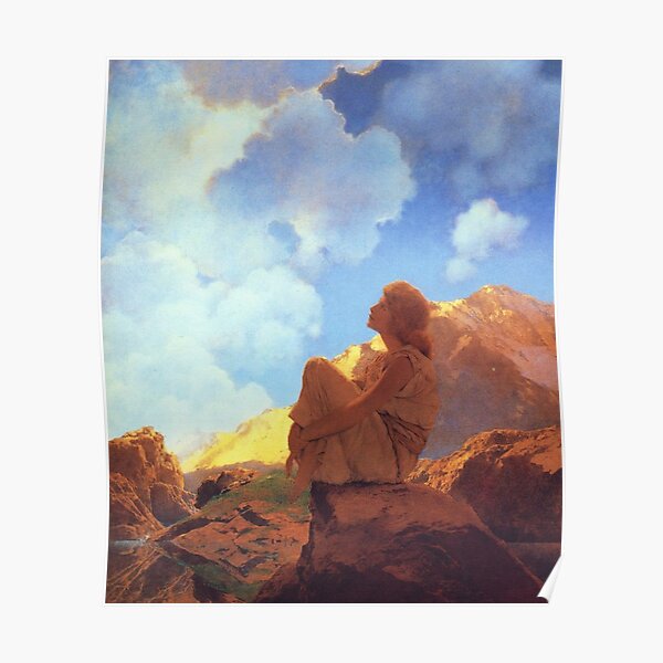 Lady on Mountain Cliff "Solitude" by Maxfield Parrish 