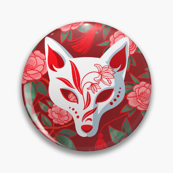 Item preview, Kitsune masks and blooming Japanese Camellia on red designed and sold by Irina Ivanova.
