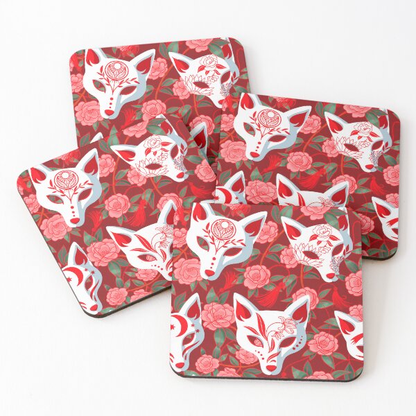 Item preview, Kitsune masks and blooming Japanese Camellia on red designed and sold by Irina Ivanova.