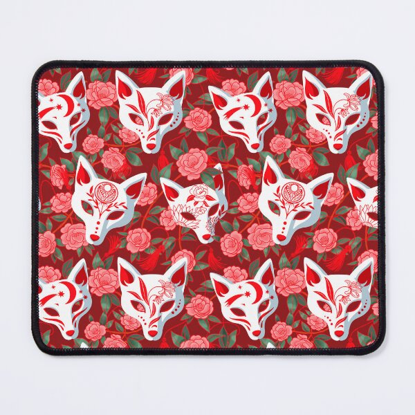 Item preview, Kitsune masks and blooming Japanese Camellia on red designed and sold by Irina Ivanova.