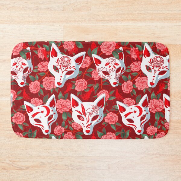 Item preview, Kitsune masks and blooming Japanese Camellia on red designed and sold by Irina Ivanova.