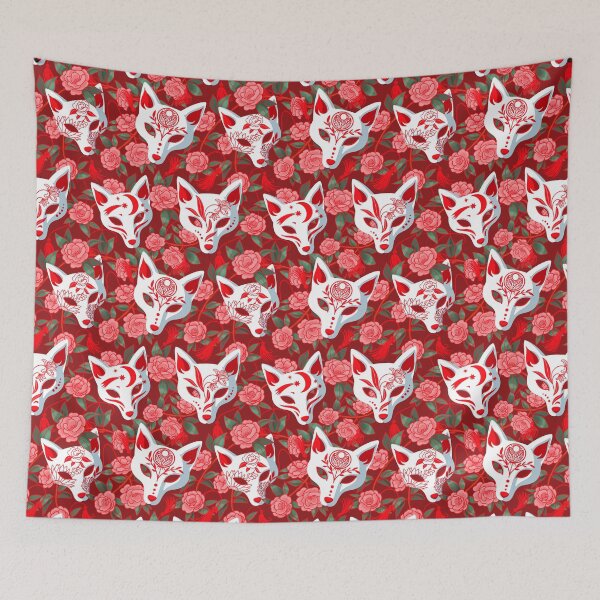Item preview, Kitsune masks and blooming Japanese Camellia on red designed and sold by Irina Ivanova.