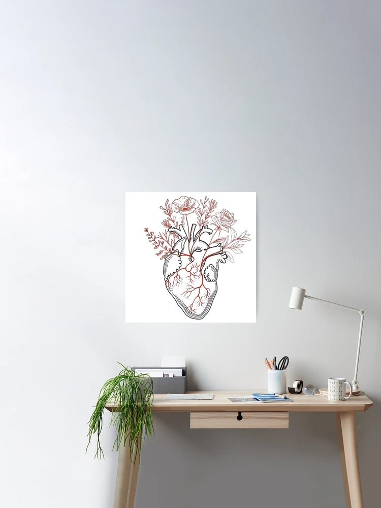 linear anatomical heart with flowers