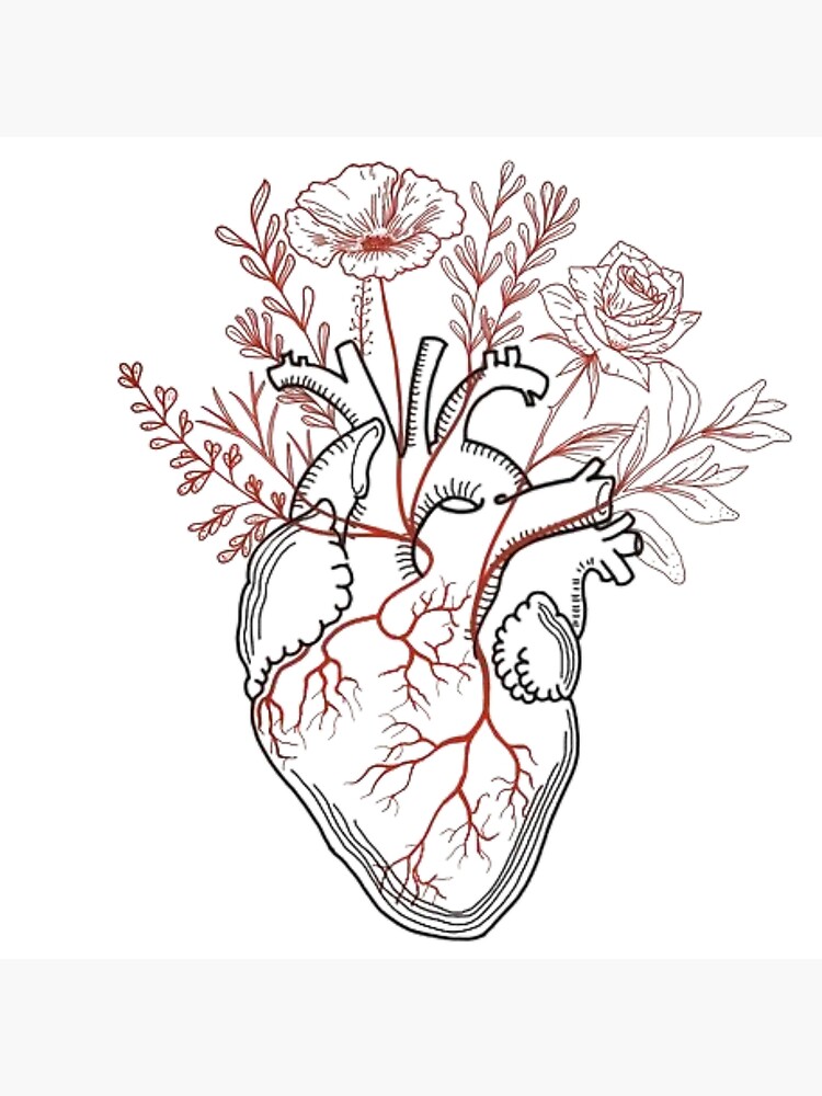 linear anatomical heart with flowers\