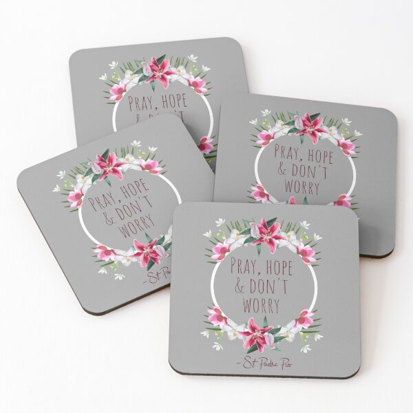 Item preview, Pray Hope and Don't Worry, Comforting St. Padre Pio Quote With Flowers designed and sold by IceCreamMuseum.