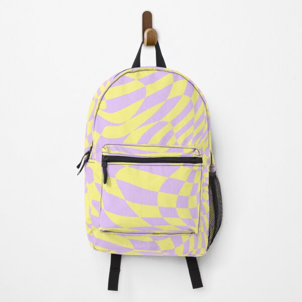 Vista previa del artículo con la obra «Resumen ilusión ondulada distorsionada amarillo y lavanda color Checkerboard Preppy telón de fondo patrón», diseñado y vendido por MarzStudio.