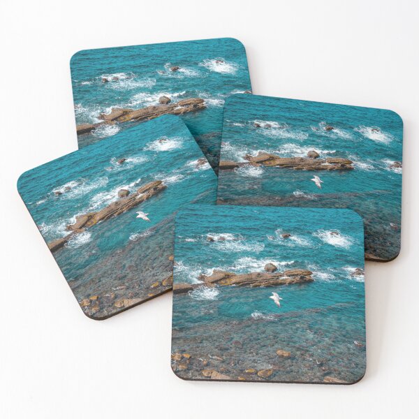 Item preview, Albatross above the blue ocean waves breaking by  rocks canal   Art Prints designed and sold by anisbbmbrush.