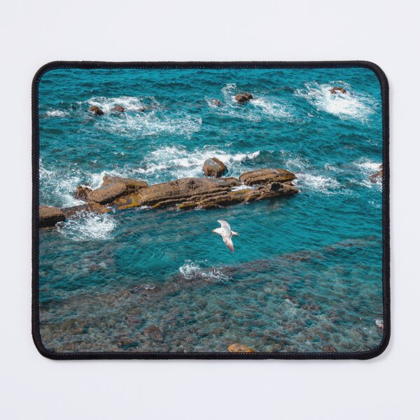 Item preview, Albatross above the blue ocean waves breaking by  rocks canal   Art Prints designed and sold by anisbbmbrush.
