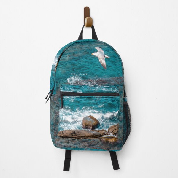 Item preview, Albatross above the blue ocean waves breaking by  rocks canal   Art Prints designed and sold by anisbbmbrush.