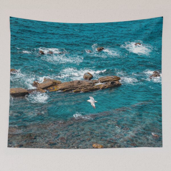 Item preview, Albatross above the blue ocean waves breaking by  rocks canal   Art Prints designed and sold by anisbbmbrush.