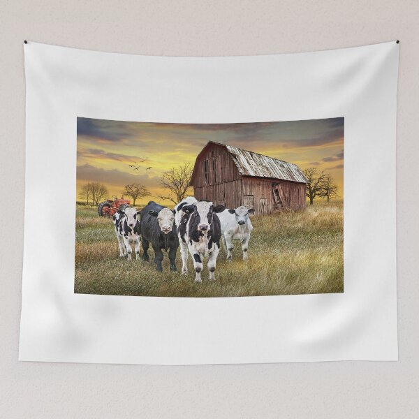 Item preview, Cattle with Barn and Tractor at Sunset designed and sold by Randall Nyhof.