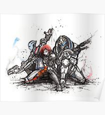 Shepard, Garrus and Liara trio sumi and watercolor style Poster