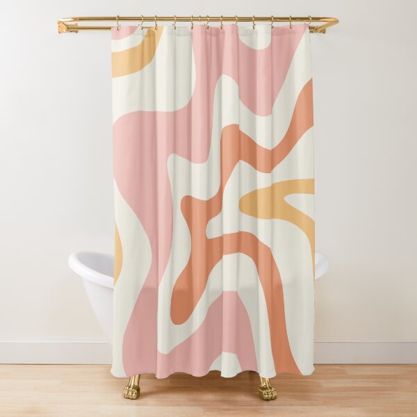 Retro Liquid Swirl Abstract Pattern Square Blush Cream Cantaloupe Mustard Shower Curtain