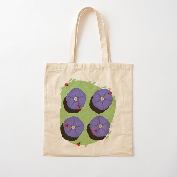 DesignerMim's Purple Star Flowers with LadyBugs (Green) Cotton Tote Bag