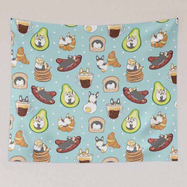 Item preview, Black Tricolor Corgi Breakfast - Blue designed and sold by Lulupainting.