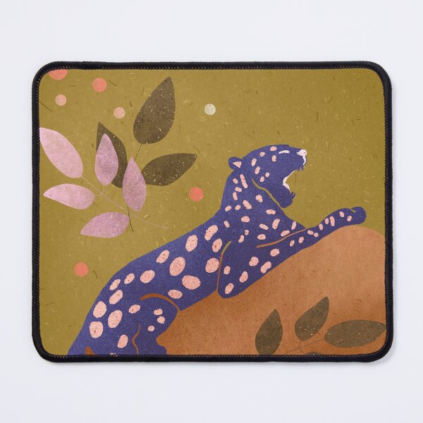 Item preview, Purple leopard  with pink artifacts on brown stone with leaves and dots on olive green texturized background designed and sold by InnaMGraphic.