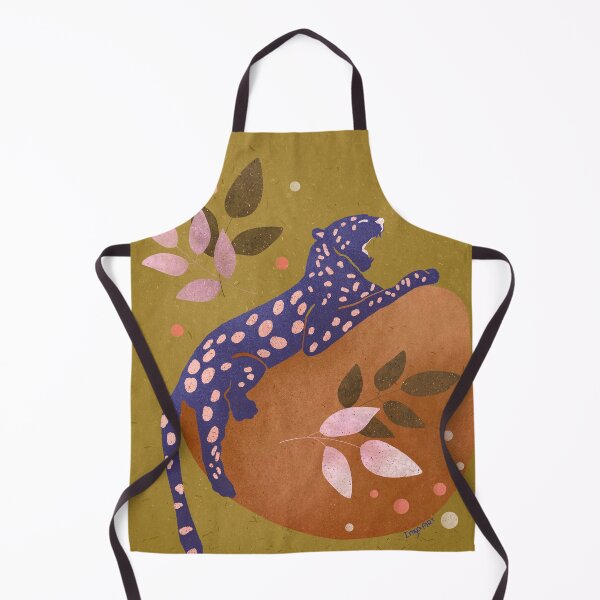 Item preview, Purple leopard with pink artifacts on brown stone with leaves and dots on olive green texturized background designed and sold by InnaMGraphic.
