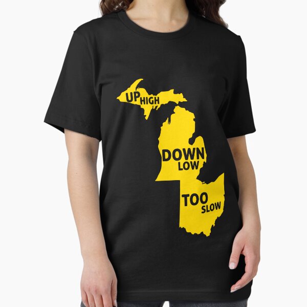 Vista previa del artículo con la obra «Arriba alto Abajo bajo Demasiado lento Mapa de Michigan amarillo», diseñado y vendido por LandaMacorn.