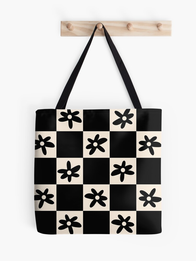 Retro Daisy Checkered Tote Bag  Pink & Orange Checkerboard
