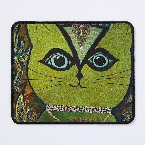 Item preview, Cosmic Cat- Miss Maxi. She's green with blue eyes and a large brass mandala pendant, designed and sold by Mary Egan.