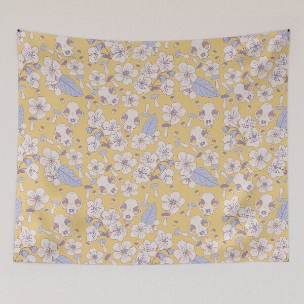 Item preview, Cat Skulls and Mushrooms on Goldenrod Yellow designed and sold by Cass Noel Studio.