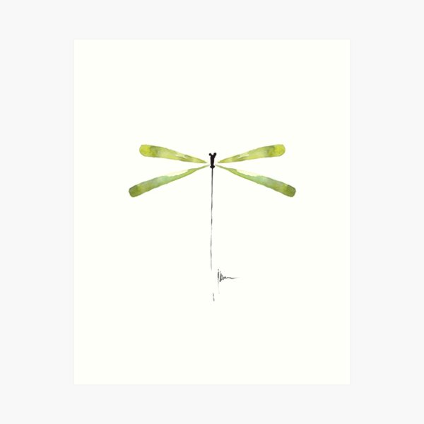 Flying green dragonfly painting. Colourful dragonfly art