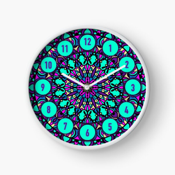 Joyful Mandala Pattern - Aqua, pink, blue, yellow and purple Clock