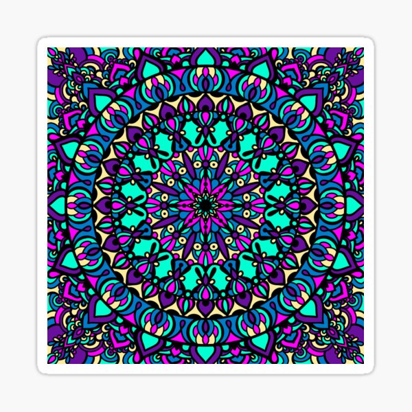 Joyful Mandala Pattern - Aqua, pink, blue, yellow and purple Sticker