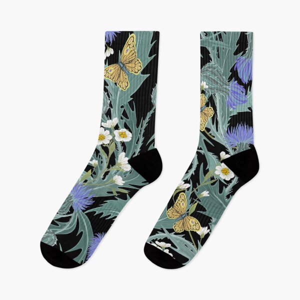 Item preview, Flowering Thistles and Wildflowers on a black background designed and sold by Silver Steer Design.
