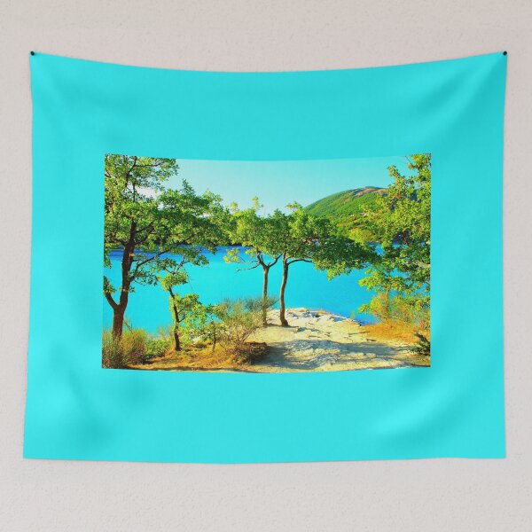 Item preview, View at Lago di Fiastra with oak trees, trunks, foliage, sunlight, waters and the Sibillini designed and sold by Kristina Drozd.