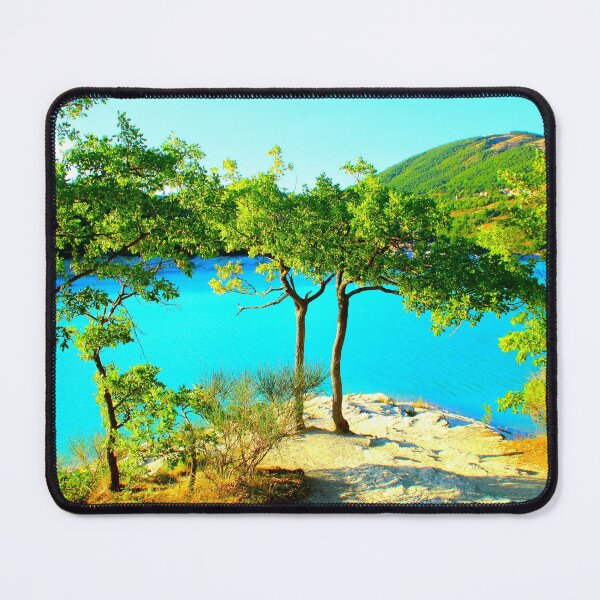 Item preview, View at Lago di Fiastra with oak trees, trunks, foliage, sunlight, waters and the Sibillini designed and sold by Kristina Drozd.