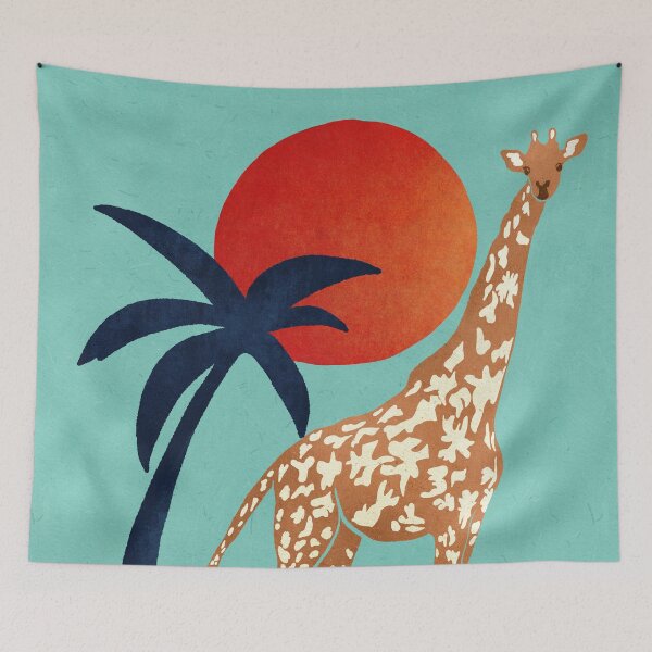 Item preview, Colorful and wield Africa giraffe with palm red sunset on turquoise background,boho collection designed and sold by InnaMGraphic.