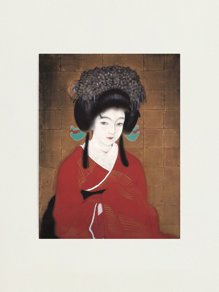 Lámina fotográfica «Belleza japonesa en kimono rojo. Adornos de peinado  tradicional japonés.» de TatyZy | Redbubble