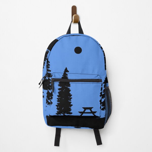 Item preview, Forest is calling, A camping area with picnic table in the middle of the forest silhouette with a black moon or sun designed and sold by PSteinDesign.