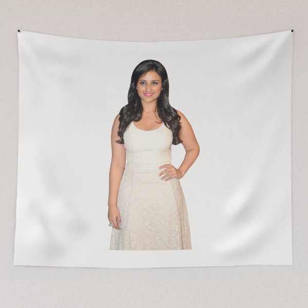Item preview, Smiling woman wearing white sleeveless scoop, neck dress holding waist, Parineeti Chopra Bollywood Actor, Parineeti Chopra, Desi Lady designed and sold by Shop-ArtGallery.