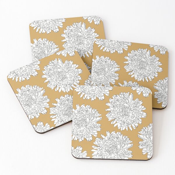 Item preview, The beautiful flowerpattern with White lineart dahlias on ochre background designed and sold by marina63.