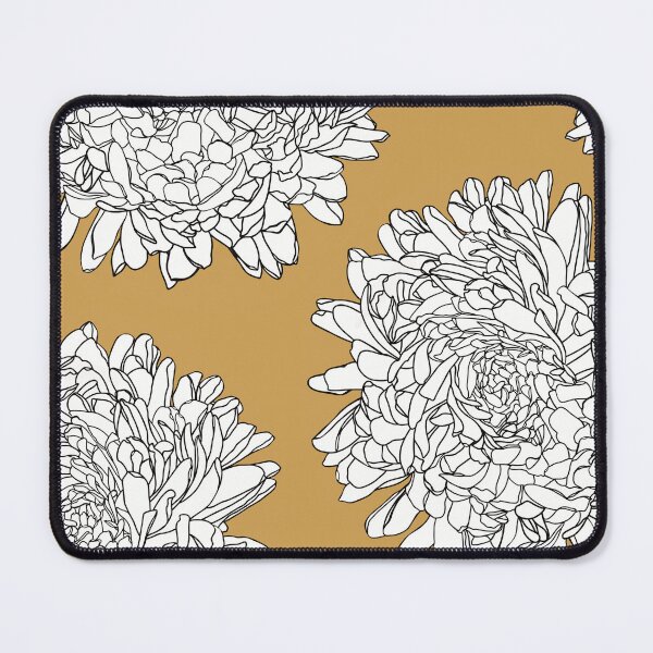 Item preview, The beautiful flowerpattern with White lineart dahlias on ochre background designed and sold by marina63.