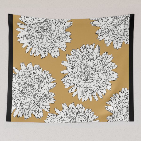Item preview, The beautiful flowerpattern with White lineart dahlias on ochre background designed and sold by marina63.