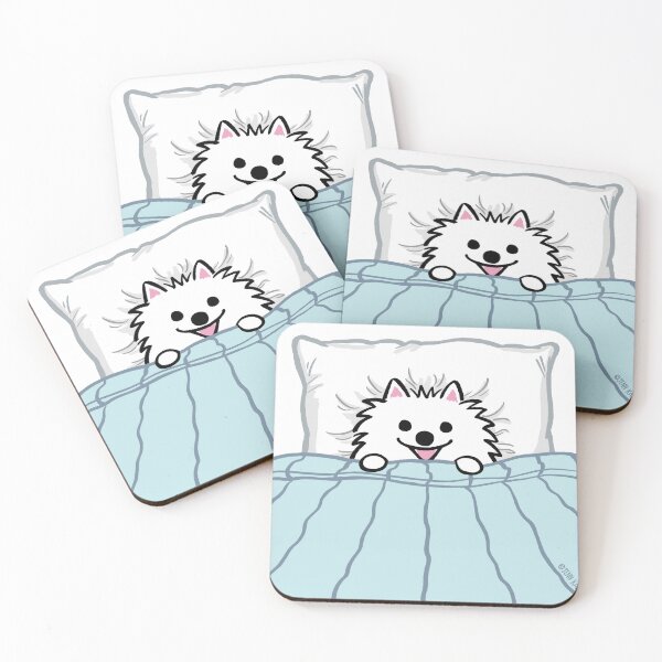 Item preview, White Pomeranian Tucked into Bed Cute Pom Cartoon Dog designed and sold by Jenn Inashvili.