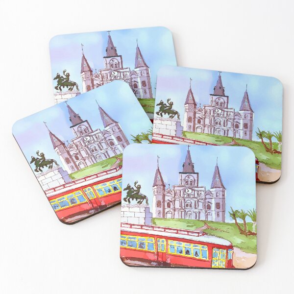 Item preview, St. Louis Cathedral, and street car as seen in Jackson Square New Orleans - WelshDesigns designed and sold by welshdesigns.