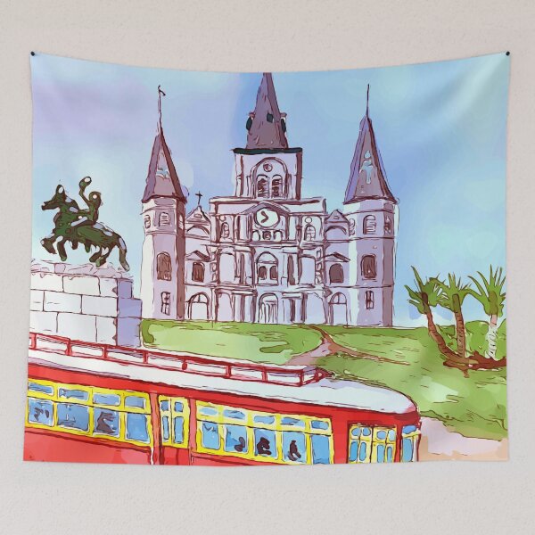 Item preview, St. Louis Cathedral, and street car as seen in Jackson Square New Orleans - WelshDesigns designed and sold by welshdesigns.