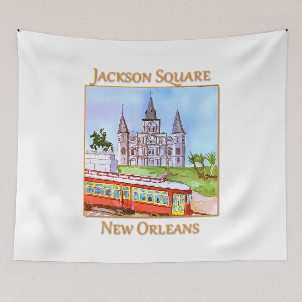 Item preview, St. Louis Cathedral, and street car as seen in Jackson Square New Orleans - WelshDesigns designed and sold by welshdesigns.