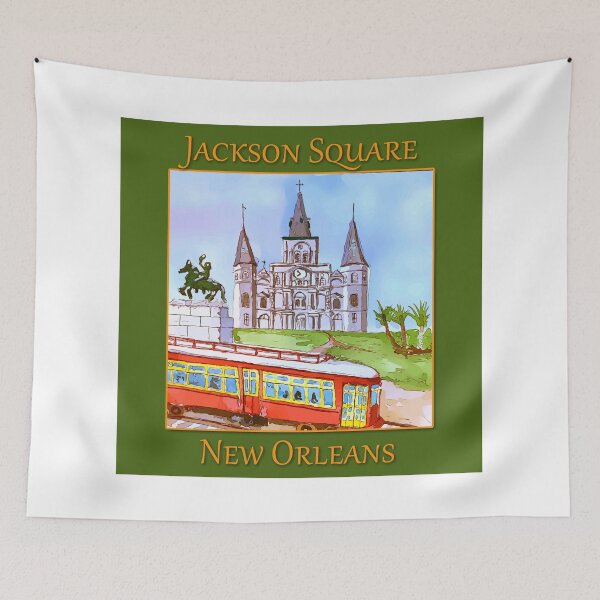 Item preview, St. Louis Cathedral, and street car as seen in Jackson Square New Orleans - WelshDesigns designed and sold by welshdesigns.