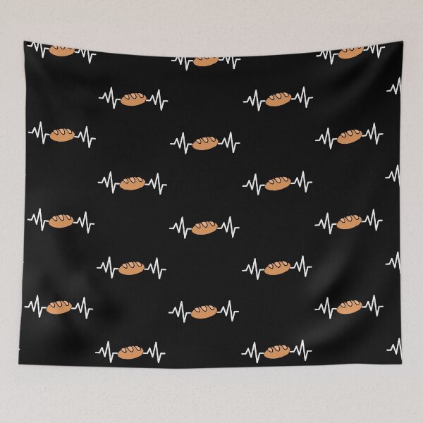 Item preview, Heartbeat sourdough bread themed design with an image of crusty bread and a heartbeat on a black T-shirt, sticker, and apron.  designed and sold by smichaeliv.