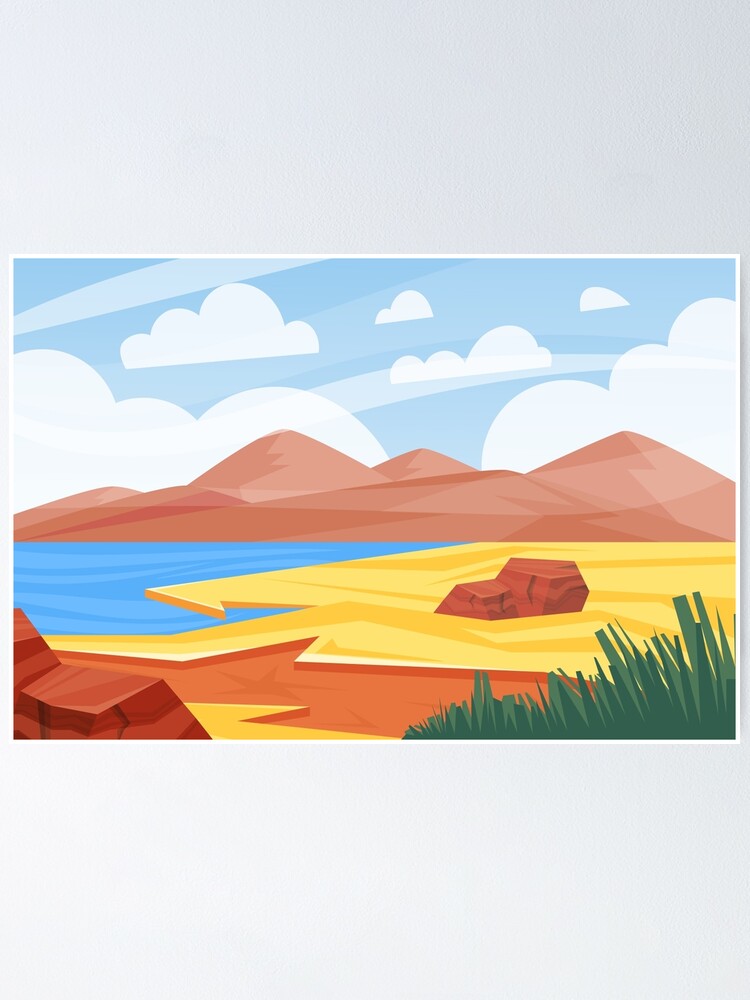 Póster «Paisaje de sabana. Paisaje desértico de la naturaleza de dibujos animados con lago, colinas y piedras.» de thkatefox | Redbubble Póster «Paisaje de sabana. Paisaje desértico de la naturaleza de dibujos animados con lago, colinas y piedras.» de thkatefox | Redbubble