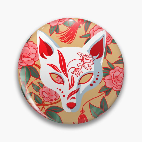 Item preview, Kitsune masks and blooming Japanese Camellia on ochre designed and sold by Irina Ivanova.