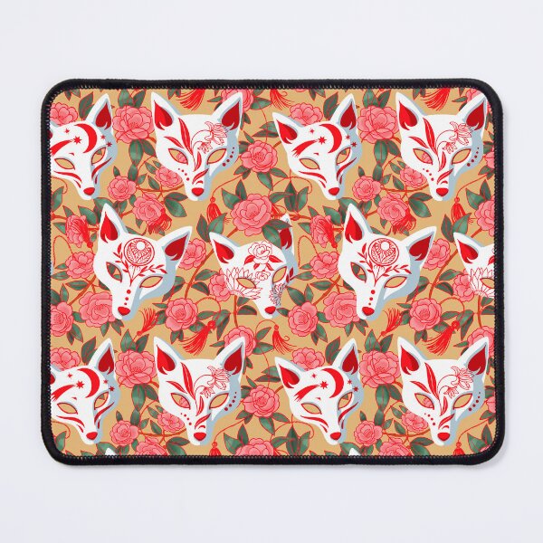 Item preview, Kitsune masks and blooming Japanese Camellia on ochre designed and sold by Irina Ivanova.