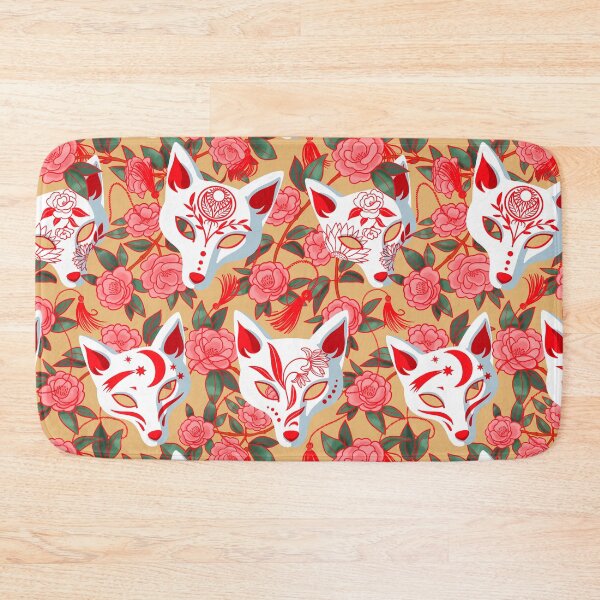 Item preview, Kitsune masks and blooming Japanese Camellia on ochre designed and sold by Irina Ivanova.