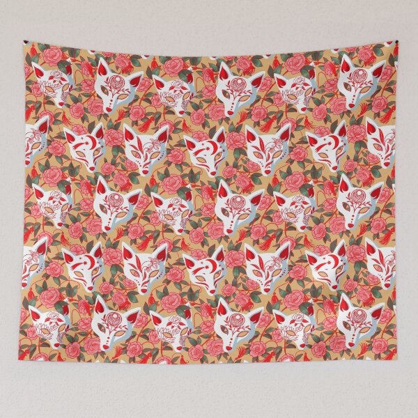 Item preview, Kitsune masks and blooming Japanese Camellia on ochre designed and sold by Irina Ivanova.