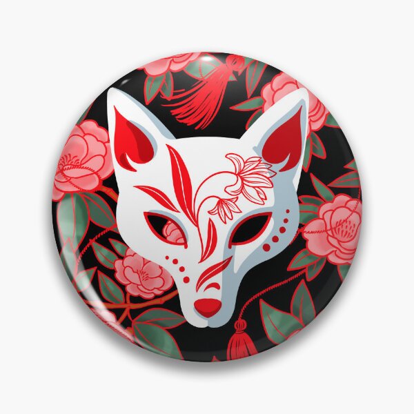Item preview, Kitsune masks and blooming Japanese Camellia on black designed and sold by Irina Ivanova.